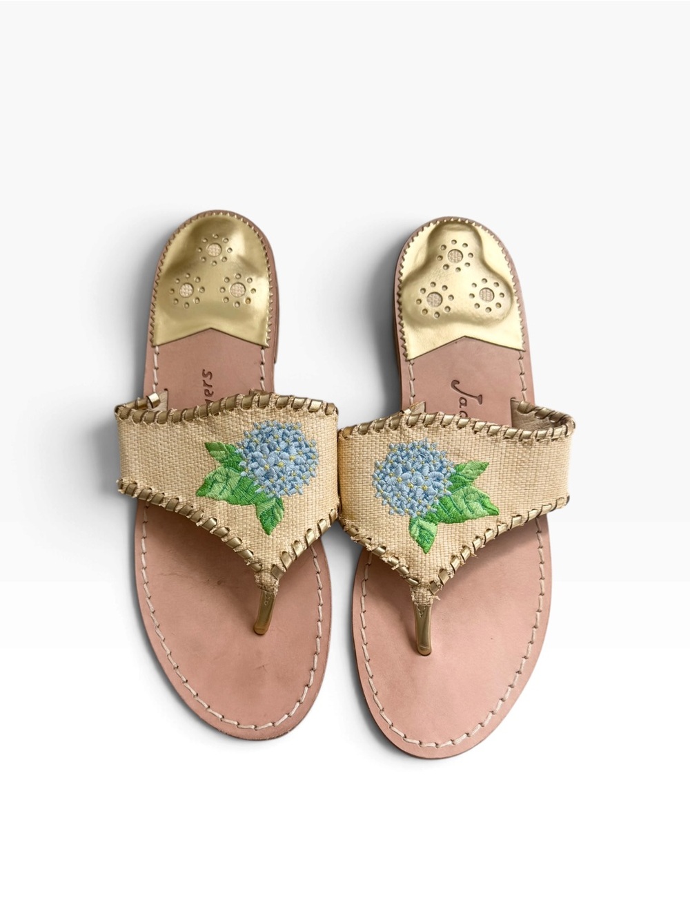 Jack Rogers Hydrangea Sandals Size 9 Gold Floral Embroidered
